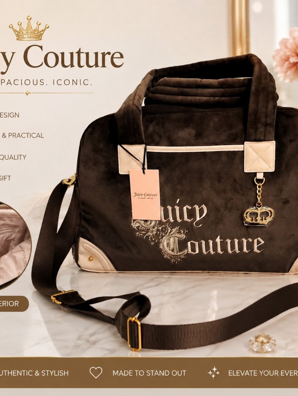 Juicy Couture Brown & Cream Velvet Tote Bag